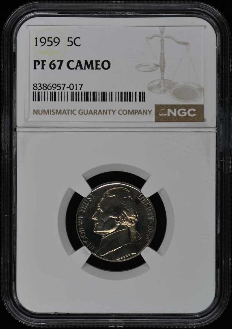 1959 Jefferson Nickel Proof NGC PR67CAM Philadelphia Mint: 1959 Jefferson Nickel Proof NGC PR67CAM Philadelphia Mint This 1959 Jefferson Nickel is a stunning proof coin, certified by NGC with a grade of PR67CAM, indicating its exceptional quality and brillian