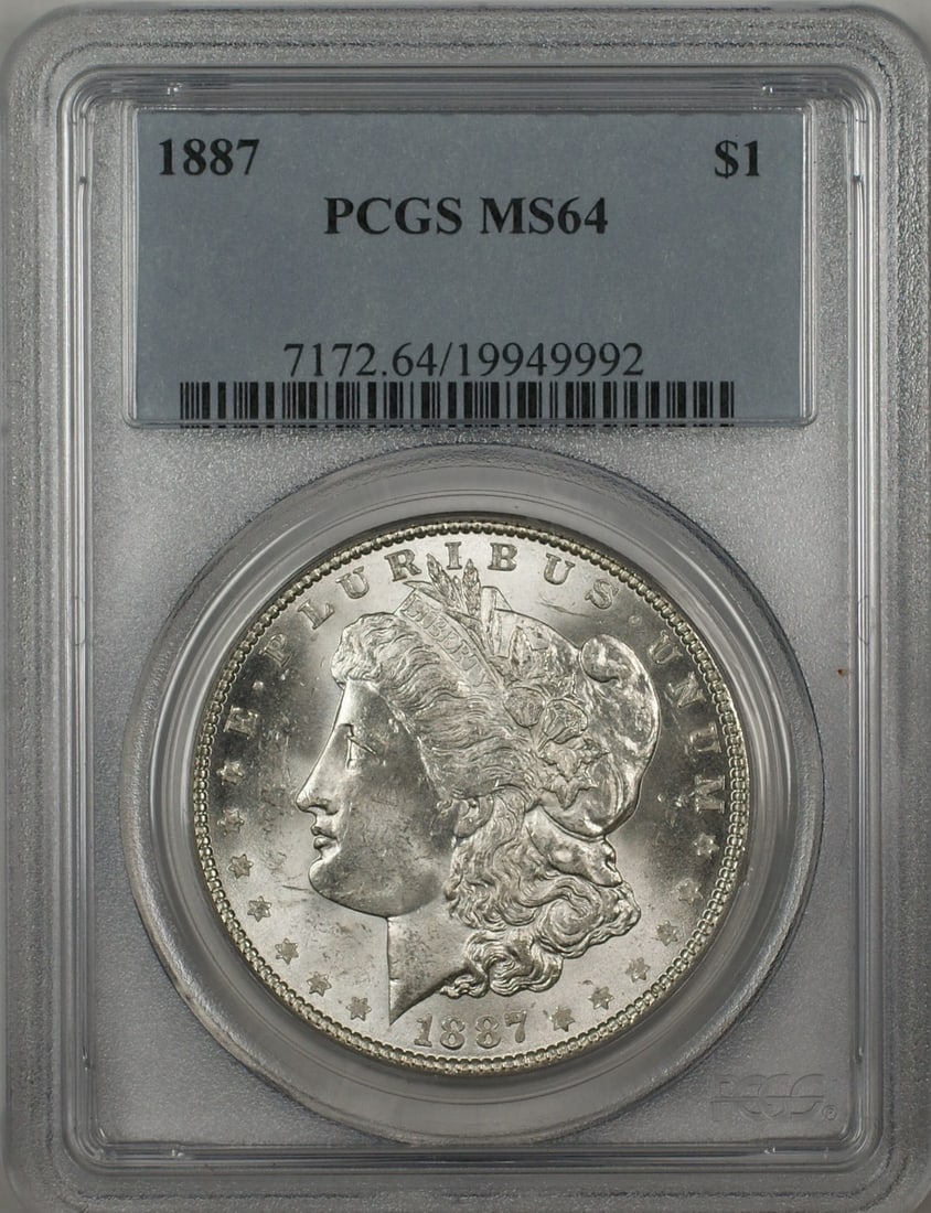 PCGS MS-64 1887 Morgan Silver Dollar Uncirculated Philadelphia Mint: PCGS MS-64 1887 Morgan Silver Dollar Uncirculated Philadelphia Mint This is an 1887 Morgan Silver Dollar $1 coin from the United States, graded MS-64 by PCGS. The coin is uncirculated and was minted i