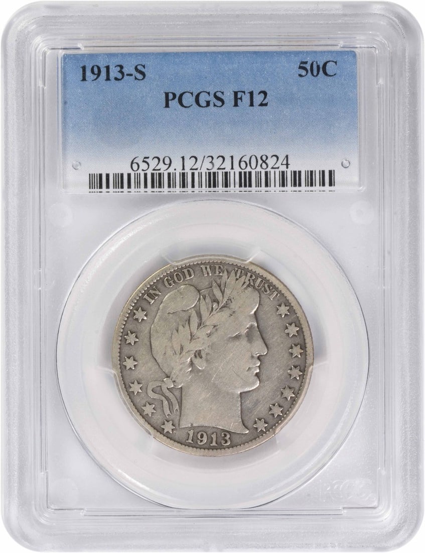 PCGS F12 1913-S Barber 50 Cent Silver Coin from San Francisco: PCGS F12 1913-S Barber 50 Cent Silver Coin from San Francisco This 1913-S Barber Half Dollar is a circulated coin graded F12 by PCGS. Struck at the San Francisco Mint, it features the classic design b