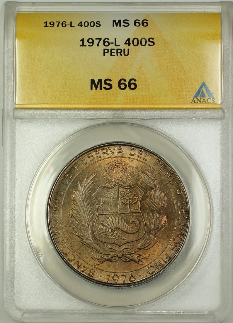 Peru 1976 400 Soles de Oro Silver ANACS MS-66 Uncirculated Coin: Peru 1976 400 Soles de Oro Silver ANACS MS-66 Uncirculated Coin This 1976-L Peru 400 Soles de Oro silver coin is graded MS-66 by ANACS and features attractive toning. Struck in 0.9 fine silver, this u