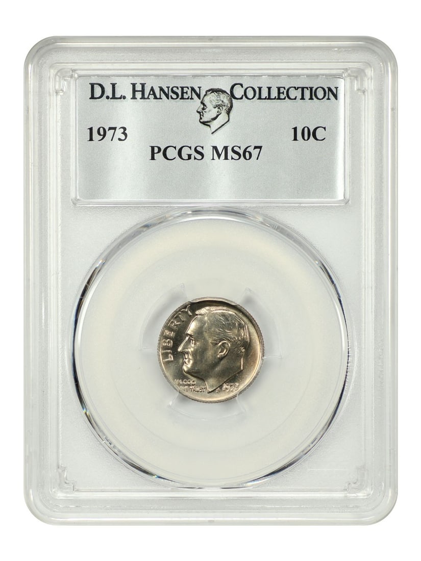 PCGS MS67 1973 Roosevelt Dime Ex D L Hansen Philadelphia 10C: PCGS MS67 1973 Roosevelt Dime Ex D L Hansen Philadelphia 10C This 1973 Roosevelt Dime features a PCGS MS67 grade, denoting its superb gem uncirculated condition. Certified by PCGS with certification n