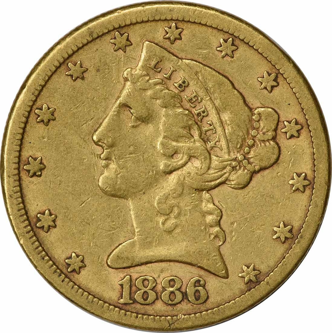 1886-S $5 Gold Liberty Head Coin San Francisco XF Uncertified: 1886-S $5 Gold Liberty Head Coin San Francisco XF Uncertified This 1886-S $5 Gold Liberty Head coin showcases a rich history and exquisite craftsmanship. Minted in San Francisco, this gold coin featur