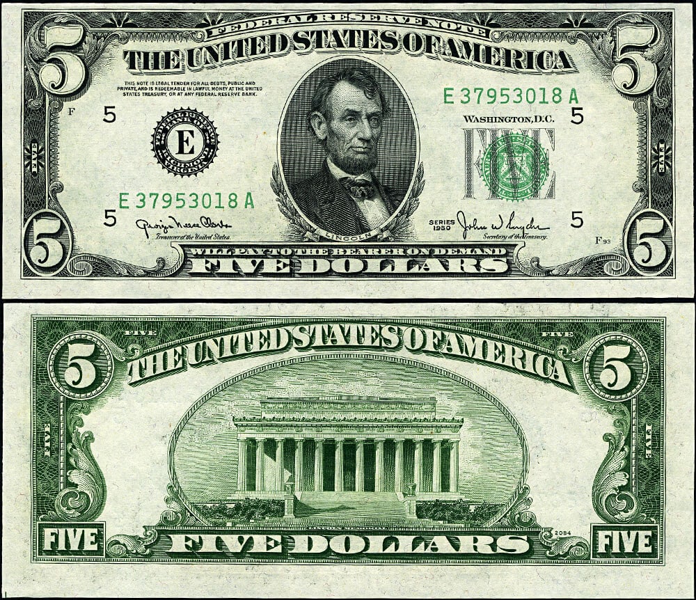 1950 $5 Federal Reserve Note Richmond E-A Block Choice Uncirculated: 1950 $5 Federal Reserve Note Richmond E-A Block Choice Uncirculated This 1950 Federal Reserve Note, designated as FR. 1961 E, features the Richmond E-A Block Wide 2. It is in Uncirculated condition wi