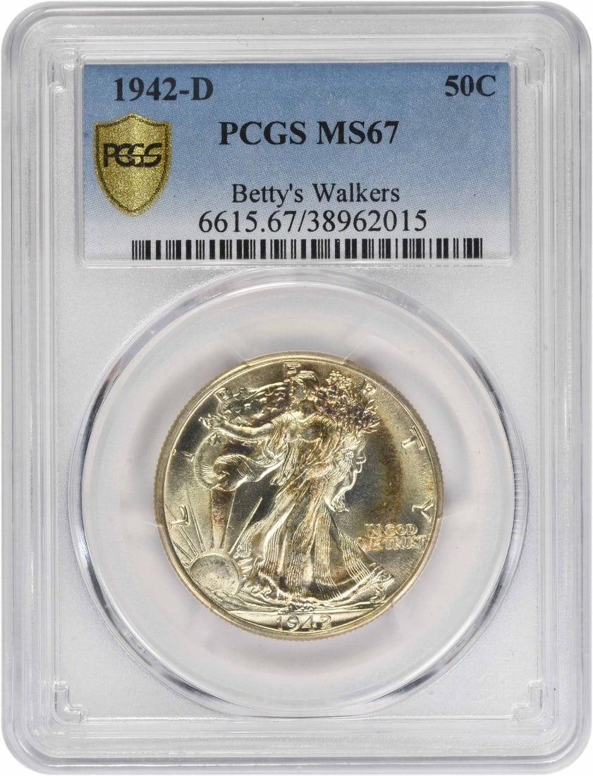 MS67 PCGS Certified 1942-D Liberty Walking 50C 90% Silver Half Dollar Coin: MS67 PCGS Certified 1942-D Liberty Walking 50C 90% Silver Half Dollar Coin This 1942-D Walking Liberty Half Dollar is composed of 90% silver and 10% copper, and was struck at the Denver Mint. Graded M
