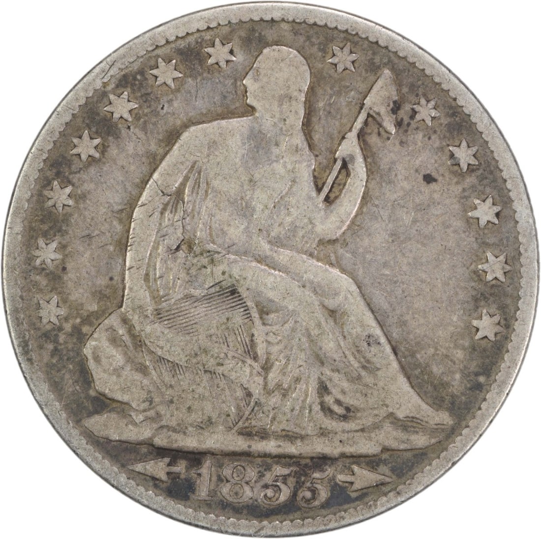 1854-O Liberty Seated Half Dollar 50C VG Uncertified: 1854-O Liberty Seated Half Dollar 50C VG Uncertified This 1854-O Liberty Seated Half Dollar features the classic design by Thomas Sully and Christian Gobrecht, showcasing the intricate details of the