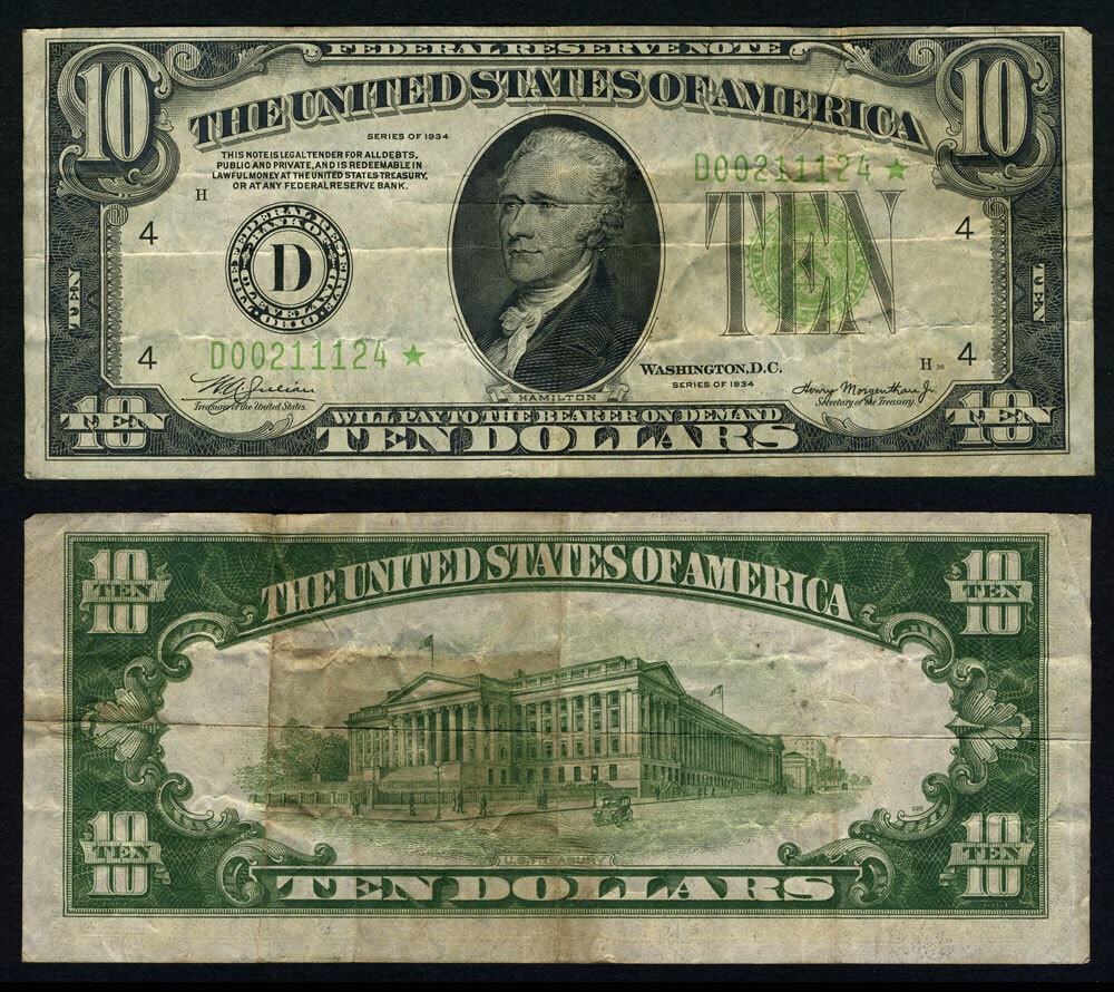 1934 Cleveland $10 Federal Reserve Star Note Very Fine D00211124 (1 of 1)