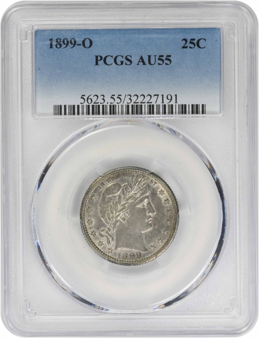 PCGS AU55 1899-O Barber 25C Silver Coin New Orleans Mint: PCGS AU55 1899-O Barber 25C Silver Coin New Orleans Mint This 1899-O Barber Silver Quarter is graded AU55 by PCGS, indicating its attractive circulated condition. Minted in New Orleans, this coin feat