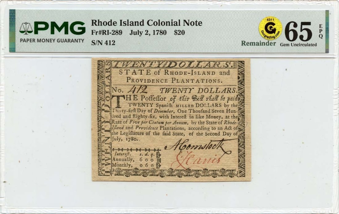 PMG GEM 65 EPQ 1780 $20 Rhode Island Colonial Currency FR#RI-289: PMG GEM 65 EPQ 1780 $20 Rhode Island Colonial Currency FR#RI-289 This is a $20 Rhode Island Colonial Note dated July 2, 1780. The note is graded PMG GEM 65 EPQ, indicating a high-quality, uncirculated
