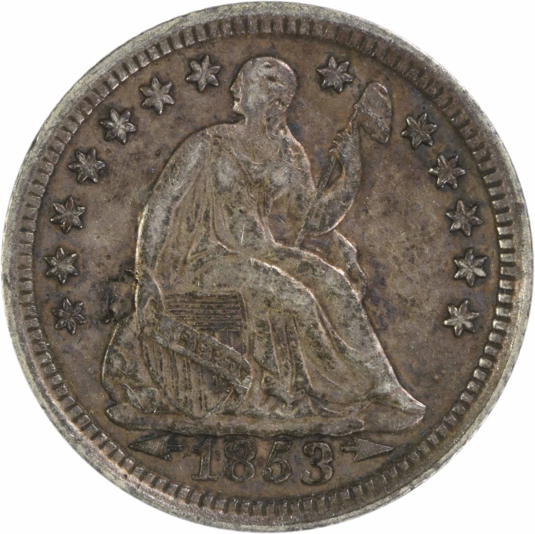 1853 Liberty Seated Half Dime 90% Silver Uncertified: 1853 Liberty Seated Half Dime 90% Silver Uncertified This 1853 Liberty Seated Silver Half Dime is a remarkable piece of American numismatic history, showcasing the artistry of designer Christian Gobre