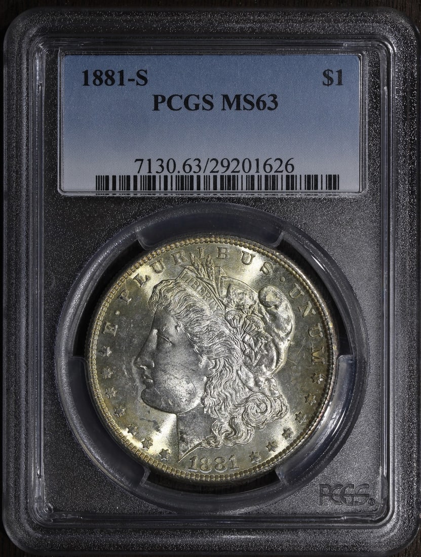 PCGS MS63 1881 San Francisco Morgan Dollar Rainbow Reverse Toning: PCGS MS63 1881 San Francisco Morgan Dollar Rainbow Reverse Toning This 1881-S Morgan Silver Dollar is certified by PCGS and graded MS63. Featuring a rainbow toned reverse, it is composed of 0.9 fine s