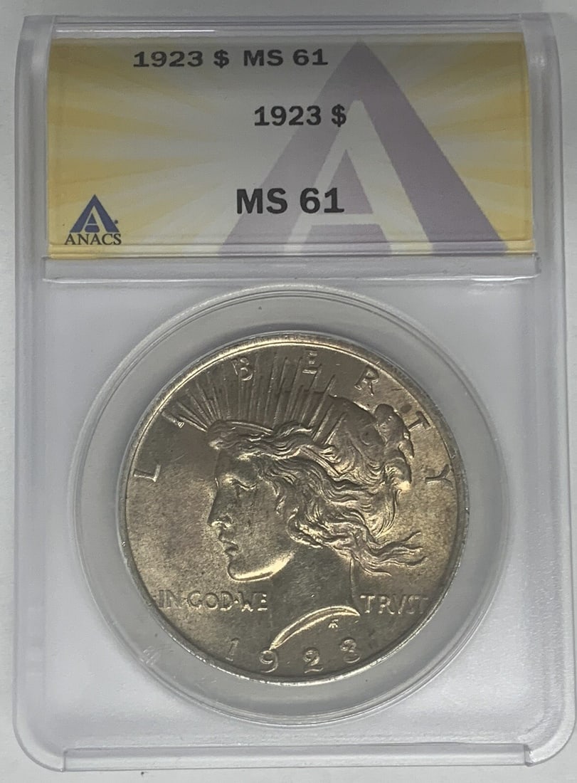 1923 Peace Dollar Silver Coin ANACS MS 61 with Attractive Toning: 1923 Peace Dollar Silver Coin ANACS MS 61 with Attractive Toning This is a 1923 Peace Silver Dollar coin from the United States, featuring a toned finish. The coin is composed of silver and has been c