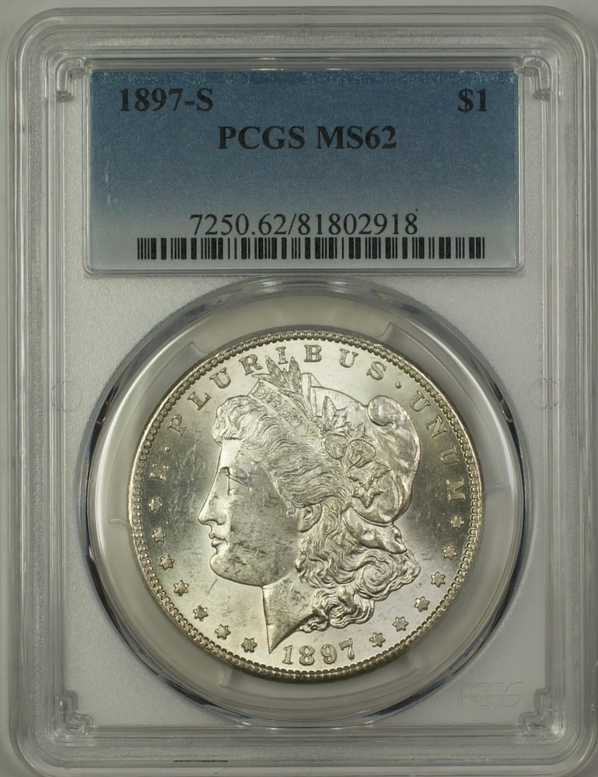 PCGS MS 62 Certified 1897 San Francisco Morgan Silver Dollar: PCGS MS 62 Certified 1897 San Francisco Morgan Silver Dollar This is an 1897-S Morgan Silver Dollar $1 coin certified by PCGS with a grade of MS-62. Minted in San Francisco, the coin is composed of si