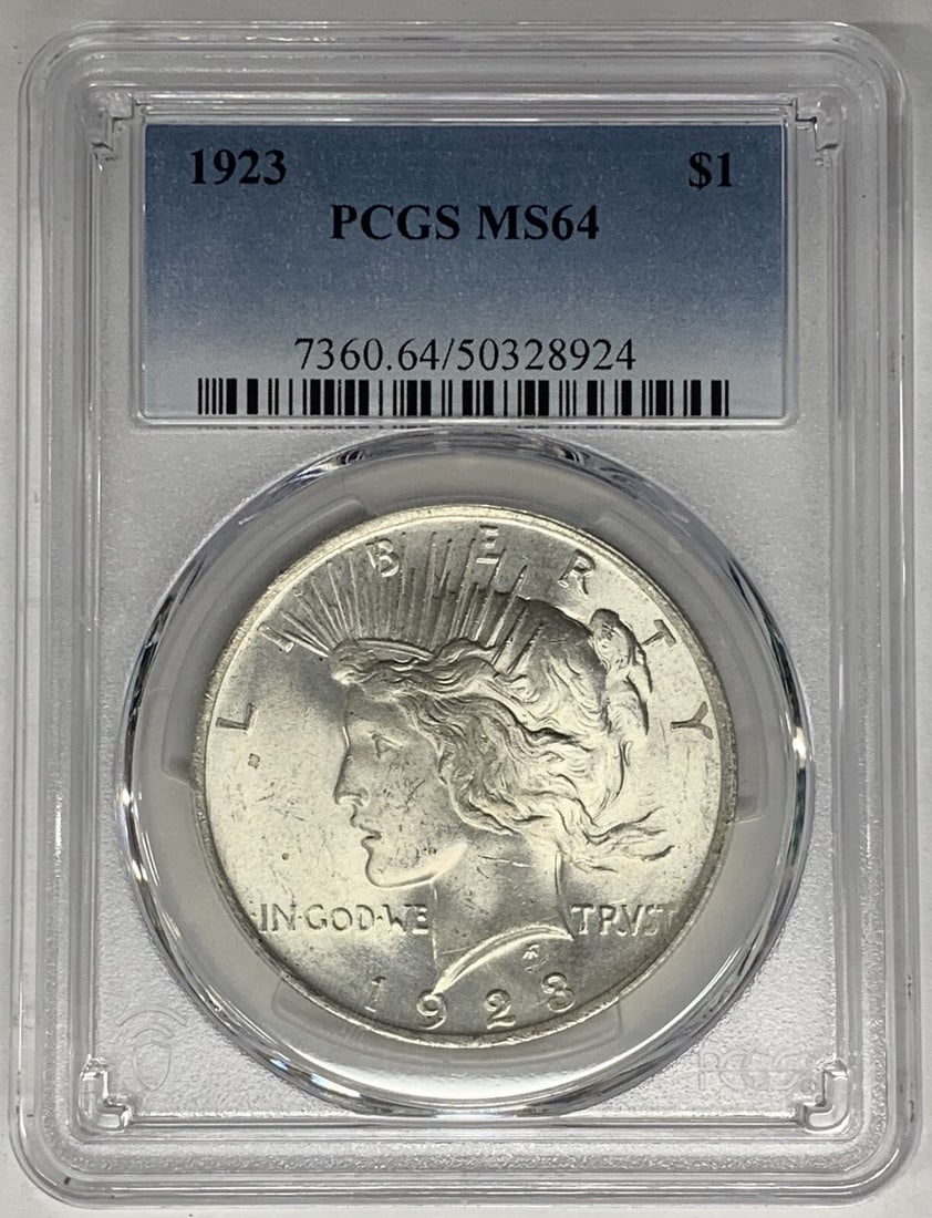 PCGS MS64 1923 Peace Dollar Silver Coin United States Certified: PCGS MS64 1923 Peace Dollar Silver Coin United States Certified This is a 1923 Peace Silver Dollar coin from the United States, graded MS 64 and certified by PCGS. The coin is uncirculated and compose