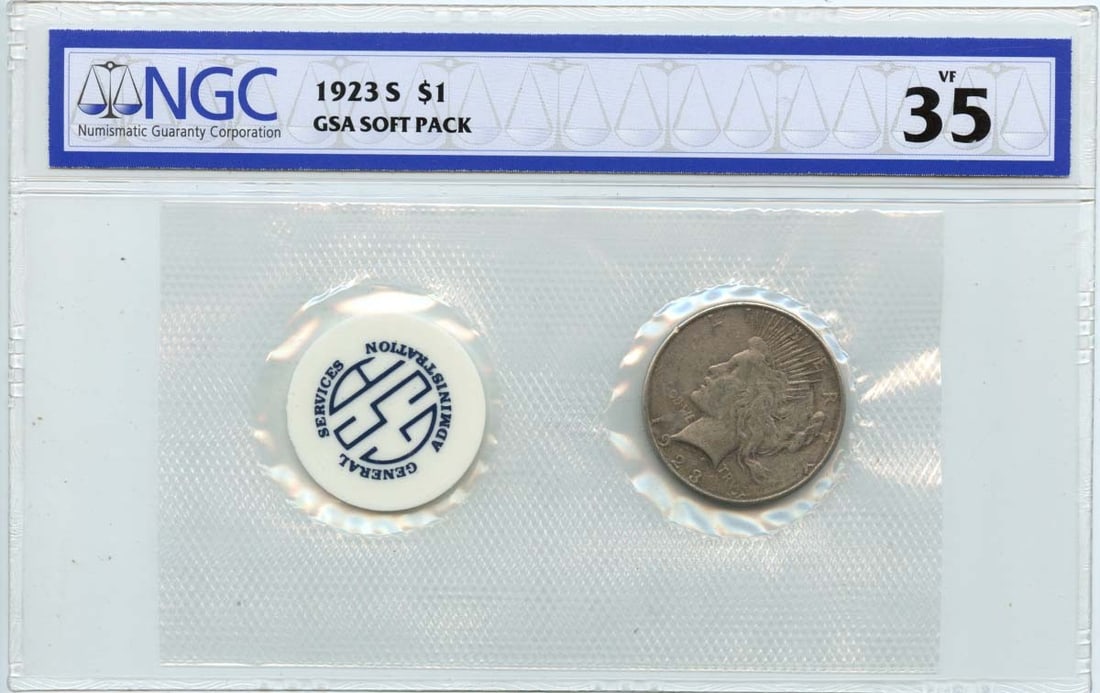 1923 San Francisco Peace Dollar NGC VF35 in GSA Soft Pack: 1923 San Francisco Peace Dollar NGC VF35 in GSA Soft Pack This 1923-S Peace Dollar is a circulated silver coin minted in San Francisco, graded VF35 by NGC. It comes in a GSA soft pack and represents U