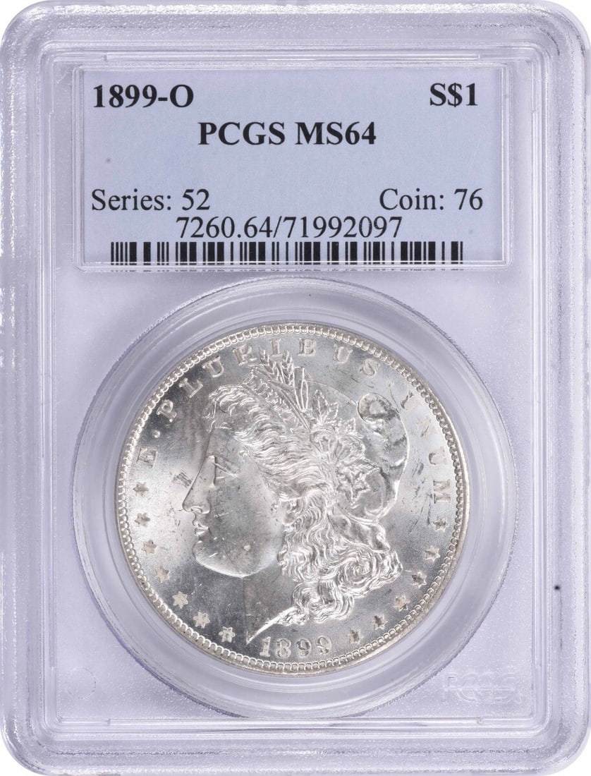 PCGS MS64 1899 O Morgan Dollar New Orleans Mint 90 Silver: PCGS MS64 1899 O Morgan Dollar New Orleans Mint 90 Silver This is an 1899-O Morgan Silver Dollar graded MS64 by PCGS. Struck at the New Orleans Mint, this uncirculated coin is composed of 90% silver a