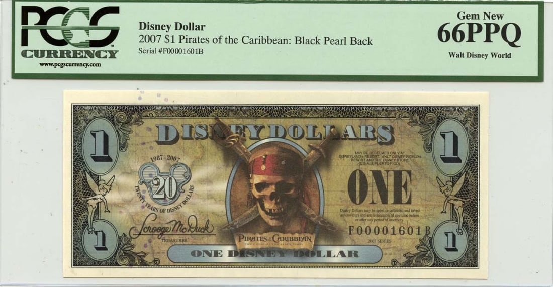 2007 Disney Dollar Pirates of the Caribbean Black Pearl PCGS MS66: 2007 Disney Dollar Pirates of the Caribbean Black Pearl PCGS MS66 This 2007 $1 Pirates of the Caribbean: Black Pearl note is certified by PCGS Currency with a grade of MS66, indicating its exceptional