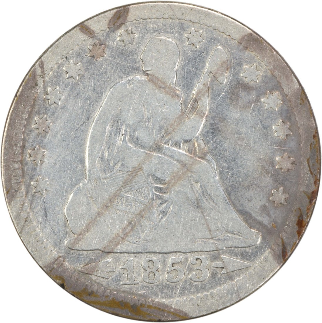 1853 Liberty Seated Quarter Arrows Rays Philadelphia 90% Silver: 1853 Liberty Seated Quarter Arrows Rays Philadelphia 90% Silver This 1853 Liberty Seated Quarter features both Arrows and Rays, a notable design element. It is a circulated coin with a Fair (F) grade,