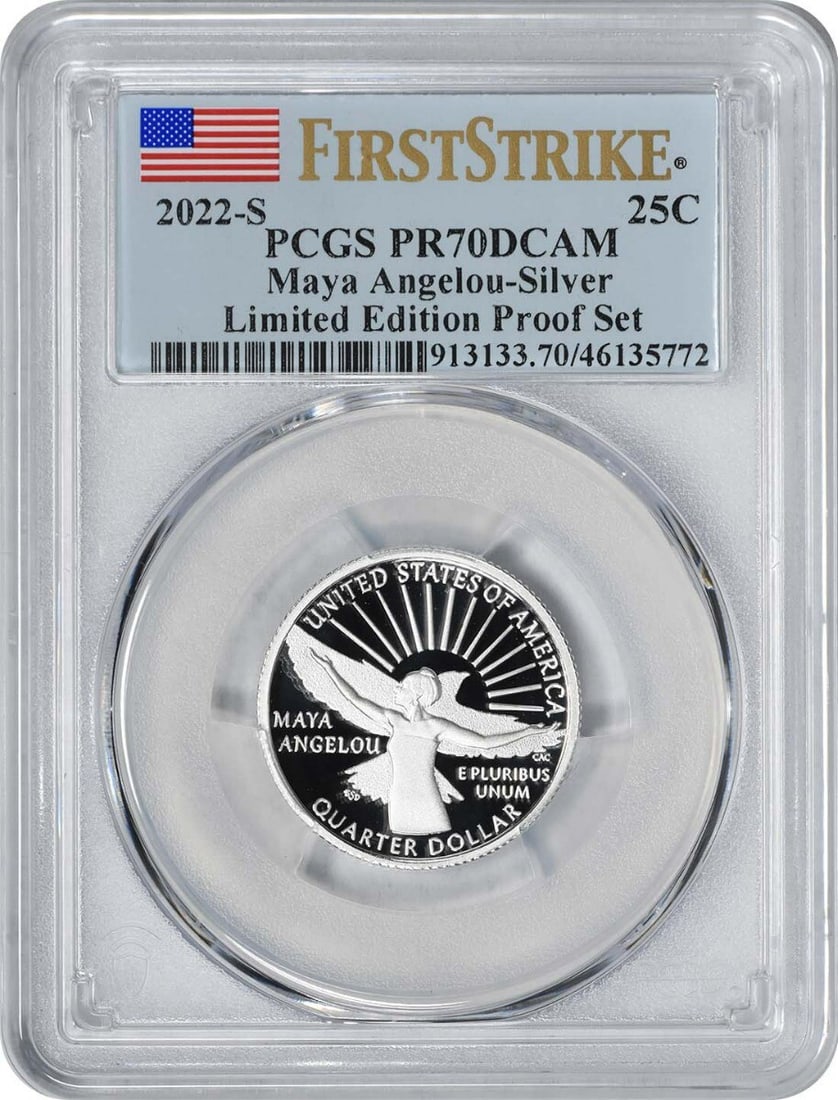 2022-S Maya Angelou Silver Quarter PR70DCAM PCGS Limited Edition: 2022-S Maya Angelou Silver Quarter PR70DCAM PCGS Limited Edition This 2022-S Maya Angelou Women Washington Silver Quarter is a limited edition coin certified by PCGS. It features a stunning proof stri