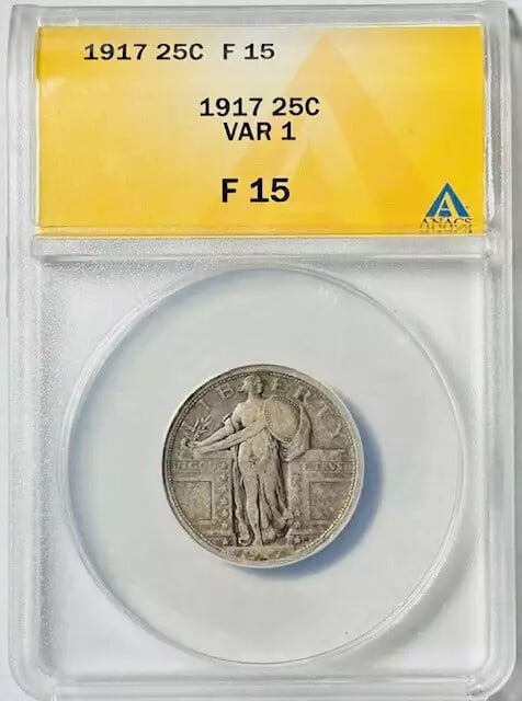 1917 Standing Liberty Quarter Silver ANACS F-15 Certified Coin: 1917 Standing Liberty Quarter Silver ANACS F-15 Certified Coin This is a 1917 Standing Liberty Quarter, certified by ANACS with a grade of F-15, indicating its fair condition. Made of silver, this qua