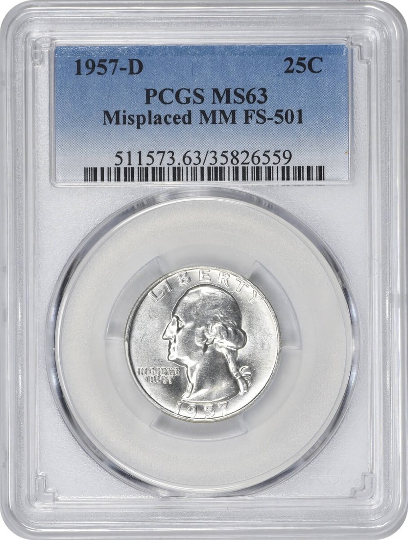 1957-D Washington Silver Quarter Misplaced Mint Mark MS63 PCGS (1 of 2)