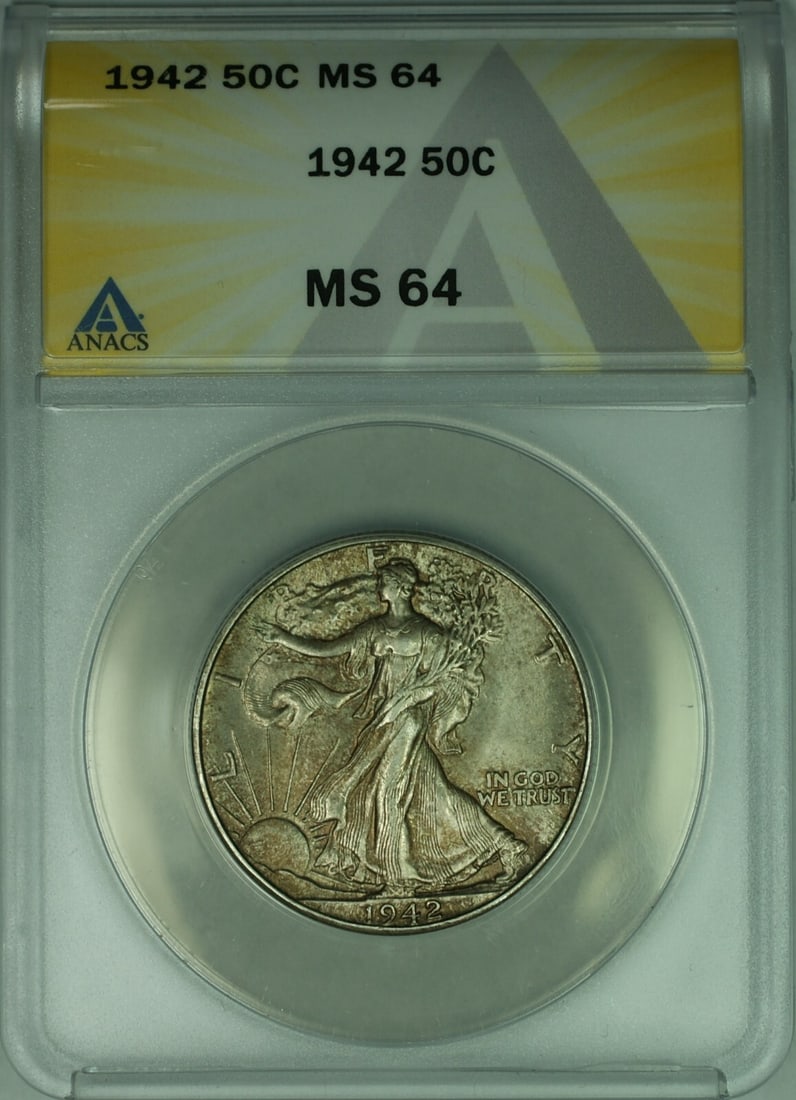 ANACS MS-64 1942 Liberty Walking Silver Half Dollar Philadelphia Toned: ANACS MS-64 1942 Liberty Walking Silver Half Dollar Philadelphia Toned This 1942 Walking Liberty Silver Half Dollar is a 50-cent coin graded MS-64 by ANACS. Featuring attractive natural toning, this u