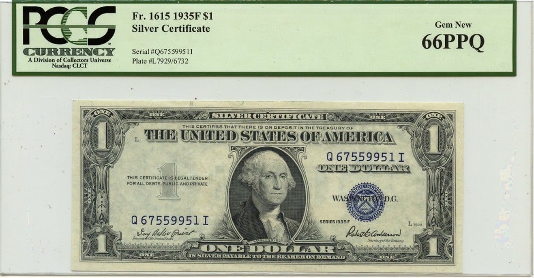 1935F $1 Silver Certificate FR#1615 PCGS 66 Gem Uncirculated: 1935F $1 Silver Certificate FR#1615 PCGS 66 Gem Uncirculated This 1935F $1 Silver Certificate, designated as FR#1615, is a remarkable piece certified by PCGS Currency with a grade of MS66. It is in un