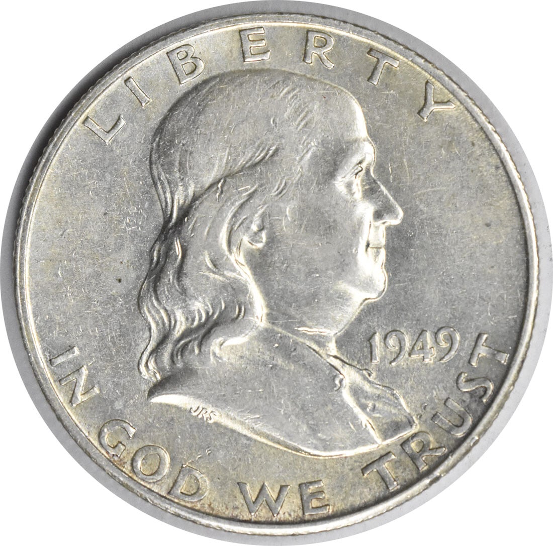 San Francisco Mint 1949 Franklin Half Dollar 90 Percent Silver AU Uncertified: San Francisco Mint 1949 Franklin Half Dollar 90 Percent Silver AU Uncertified This 1949-S Franklin Half Dollar is composed of 90% silver and 10% copper. Minted in San Francisco, it features the design
