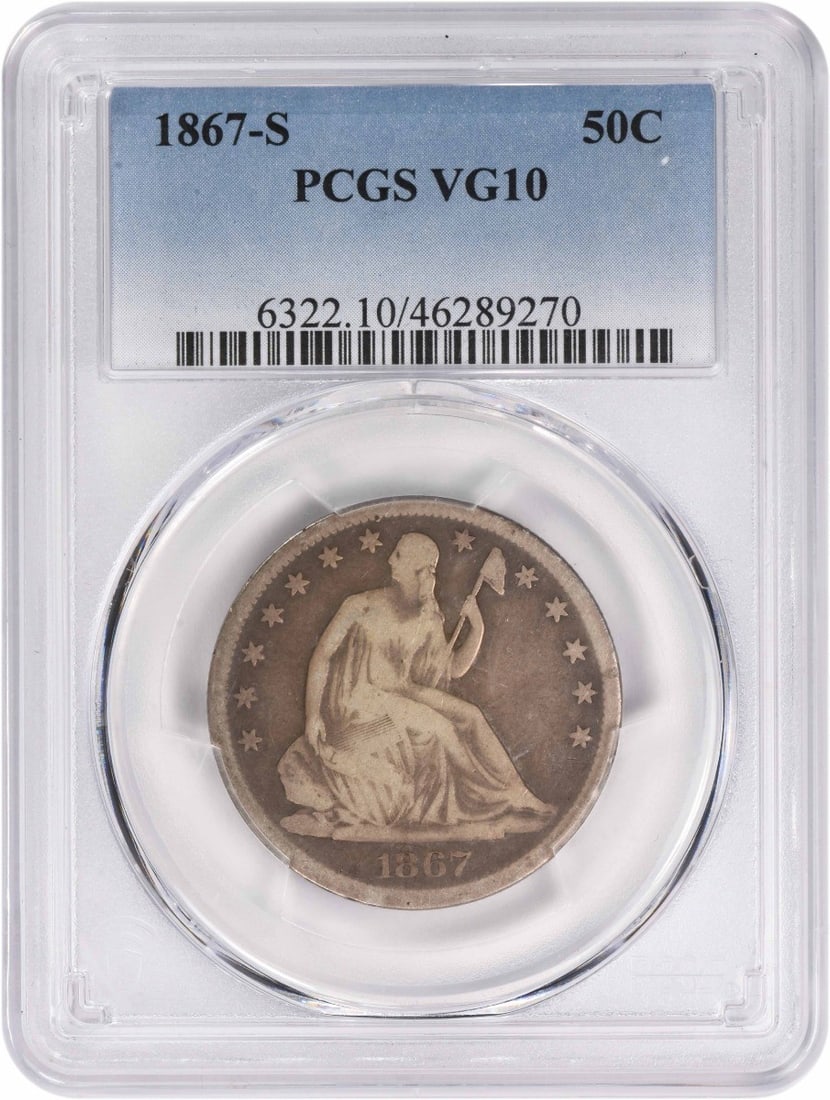1867-S Liberty Seated Half Dollar 50C VG10 PCGS Certified: 1867-S Liberty Seated Half Dollar 50C VG10 PCGS Certified This 1867-S Liberty Seated Half Dollar is a remarkable piece of numismatic history, certified by PCGS and graded as VG10. Minted in San Franci