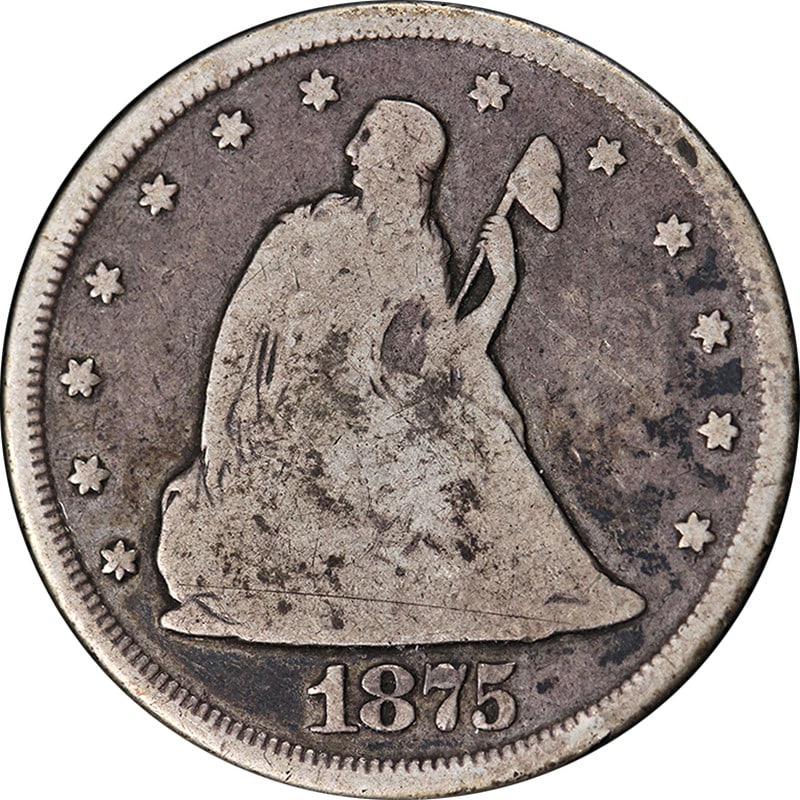 1875-CC Twenty Cent Piece Silver Uncertified Nice VG Strike: 1875-CC Twenty Cent Piece Silver Uncertified Nice VG Strike This original 1875-CC Twenty (20) Cent Piece showcases a nice Very Good (VG) grade with a pleasing strike and decent eye appeal. The coin fe