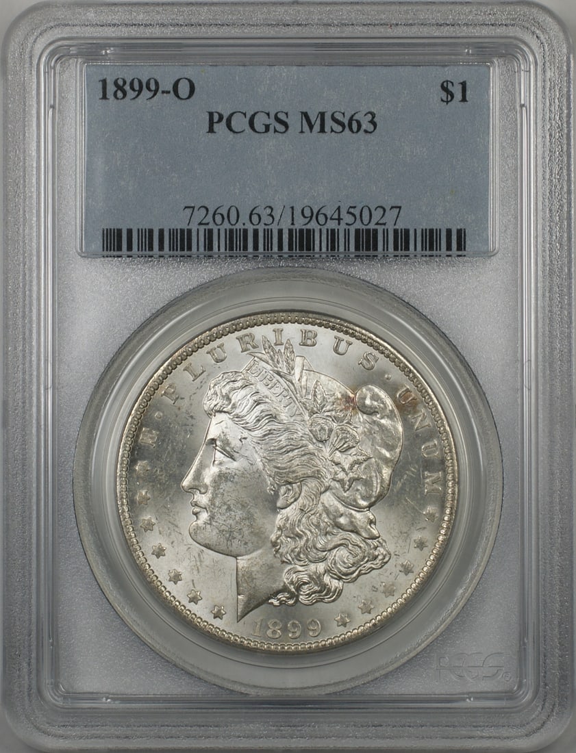 PCGS MS-63 1899-O Morgan Dollar Silver Coin from New Orleans Mint: PCGS MS-63 1899-O Morgan Dollar Silver Coin from New Orleans Mint This 1899-O Morgan Silver Dollar is a $1 coin minted in New Orleans. Certified by PCGS with a grade of MS 63, it is composed of silver