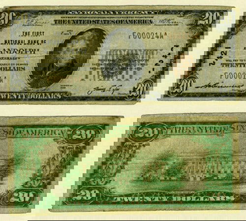 1929 T-1 $20 National Bank Note First National Bank Randolph NE Charter 7421 VG/F: 1929 T-1 $20 National Bank Note First National Bank Randolph NE Charter 7421 VG/F This is a $20 National Bank Note from Randolph, Nebraska, issued in 1929 with Charter #7421 by the First National Bank