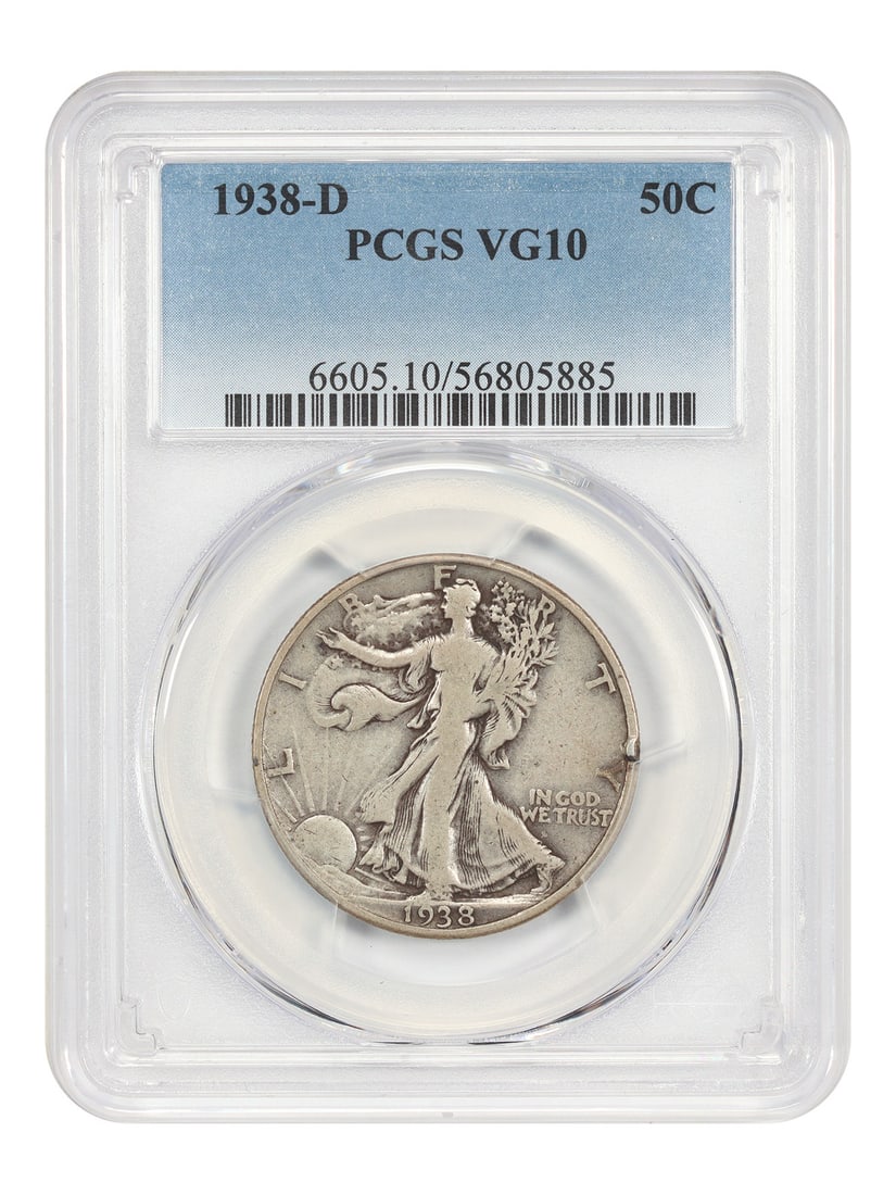 PCGS VG10 1938-D Walking Liberty Half Dollar Low Mintage 50C Coin: PCGS VG10 1938-D Walking Liberty Half Dollar Low Mintage 50C Coin This 1938-D Walking Liberty Half Dollar is a circulated coin certified by PCGS with a grade of VG10. Minted in Denver, it is notable f