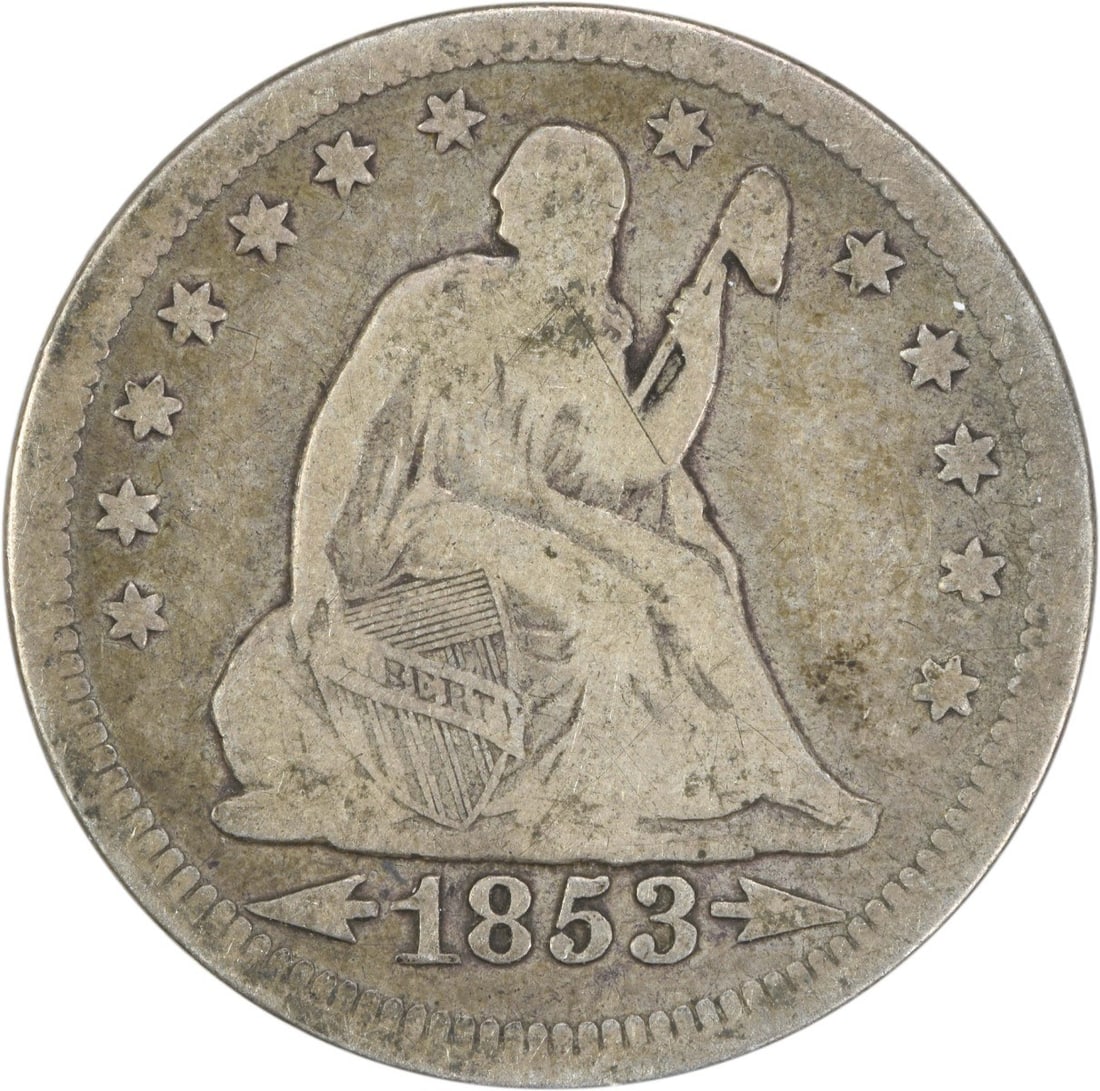 1853 Liberty Seated Quarter 90% Silver F Uncertified Philadelphia: 1853 Liberty Seated Quarter 90% Silver F Uncertified Philadelphia This 1853 Liberty Seated Quarter features the Arrows and Rays design, representing a significant piece of American numismatic history.