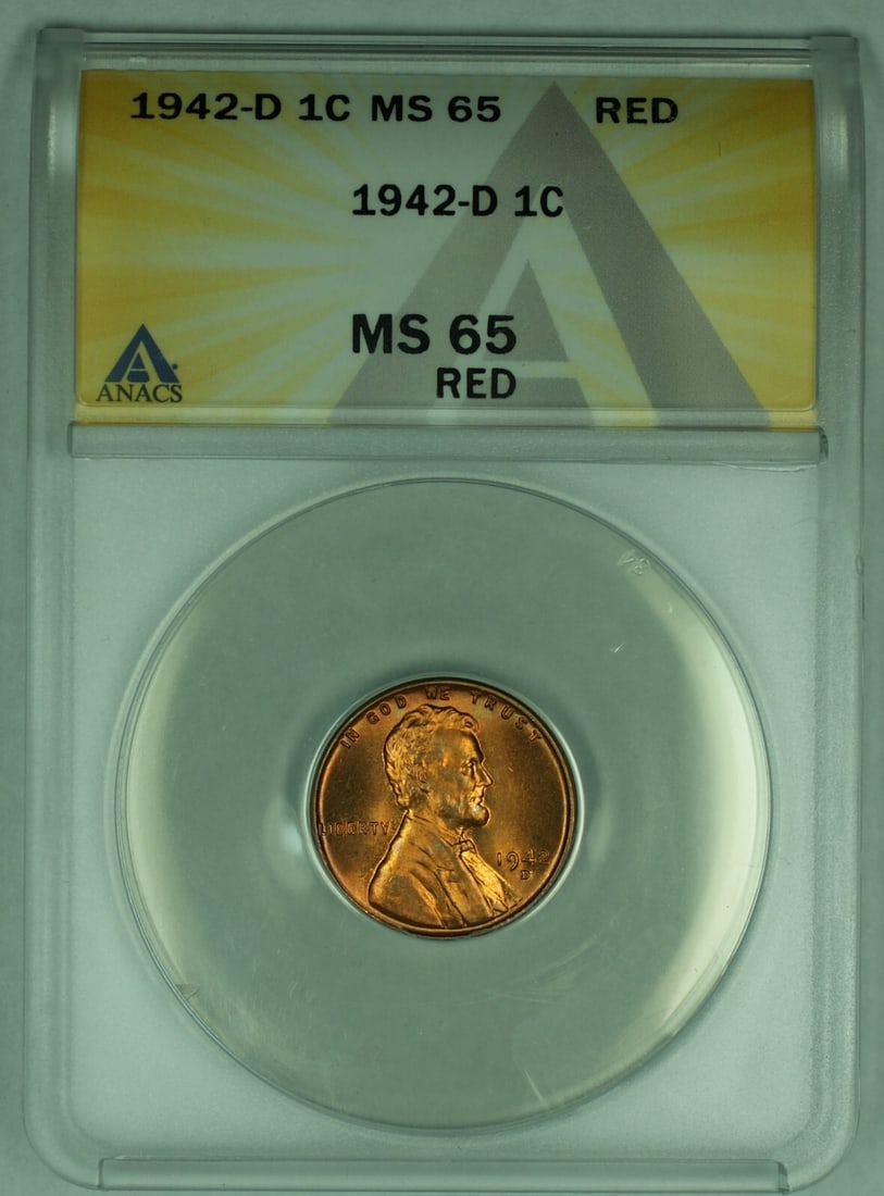 ANACS MS 65 Red 1942-D Lincoln Wheat Cent Repunched Mintmark Variety (1 of 2)