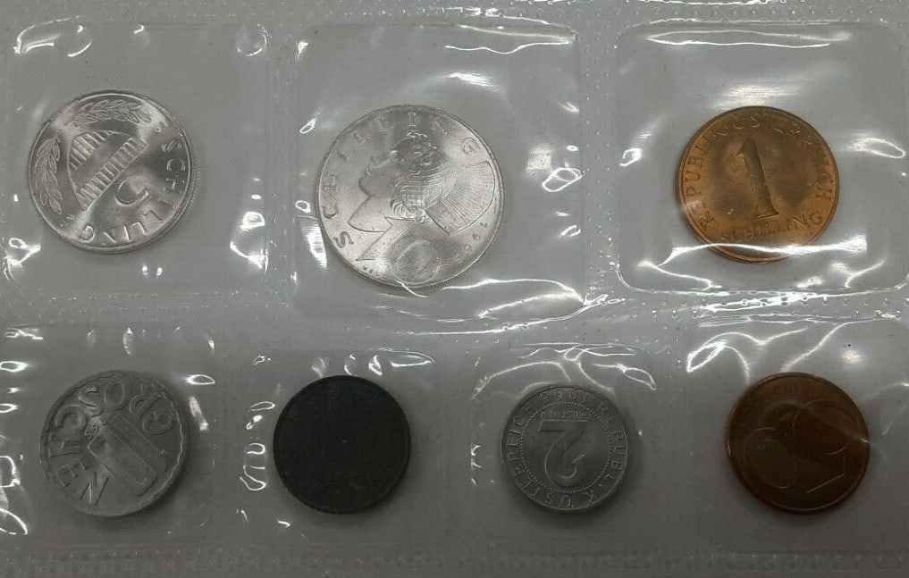 Seven Coin 1965 Austria Mint Set With Silver 5 and 10 Schilling in Original Plastic (1 of 2)