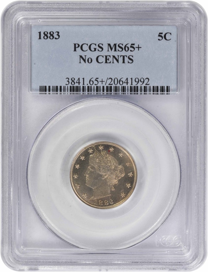 1883 Liberty Nickel No Cents Five Cent MS65 Plus Graded by PCGS: 1883 Liberty Nickel No Cents Five Cent MS65 Plus Graded by PCGS This is an 1883 Liberty Nickel No Cents, graded MS65+ by PCGS. Struck in Philadelphia, this uncirculated coin features the classic Liber