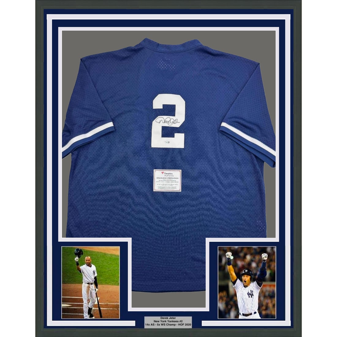 Framed Derek Jeter Autographed Yankees Jersey 35x39 Fanatics COA: Framed Derek Jeter Autographed Yankees Jersey 35x39 Fanatics COA Celebrate the legacy of baseball legend Derek Jeter with this professionally framed and autographed New York Yankees jersey. Measuring