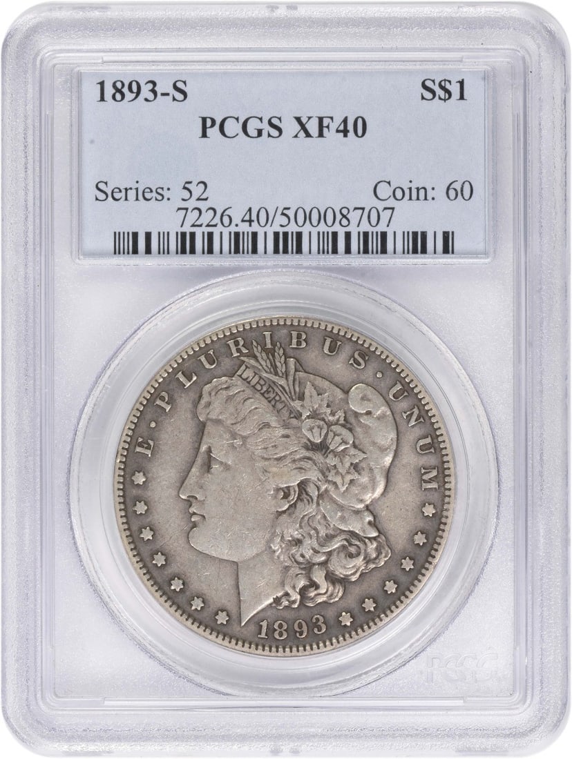 PCGS EF40 1893 San Francisco Morgan Dollar 90 Percent Silver Coin: PCGS EF40 1893 San Francisco Morgan Dollar 90 Percent Silver Coin This 1893-S Morgan Silver Dollar is graded EF40 by PCGS and features a composition of 90% silver and 10% copper. Minted in San Francis