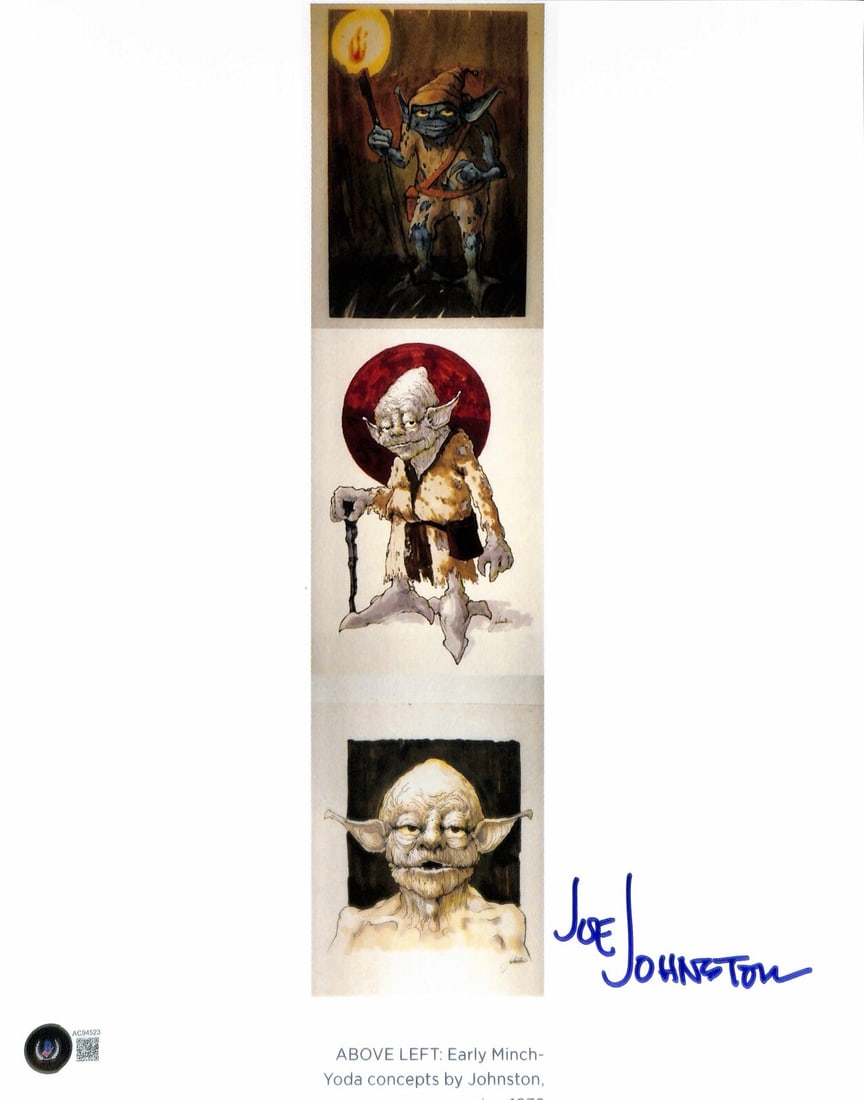 Joe Johnston Signed Yoda Concept Art 11x14 Photo Beckett Authenticated: Joe Johnston Signed Yoda Concept Art 11x14 Photo Beckett Authenticated This is an autographed 11x14 photograph featuring concept art of Yoda, signed by Joe Johnston, the renowned artist responsible fo