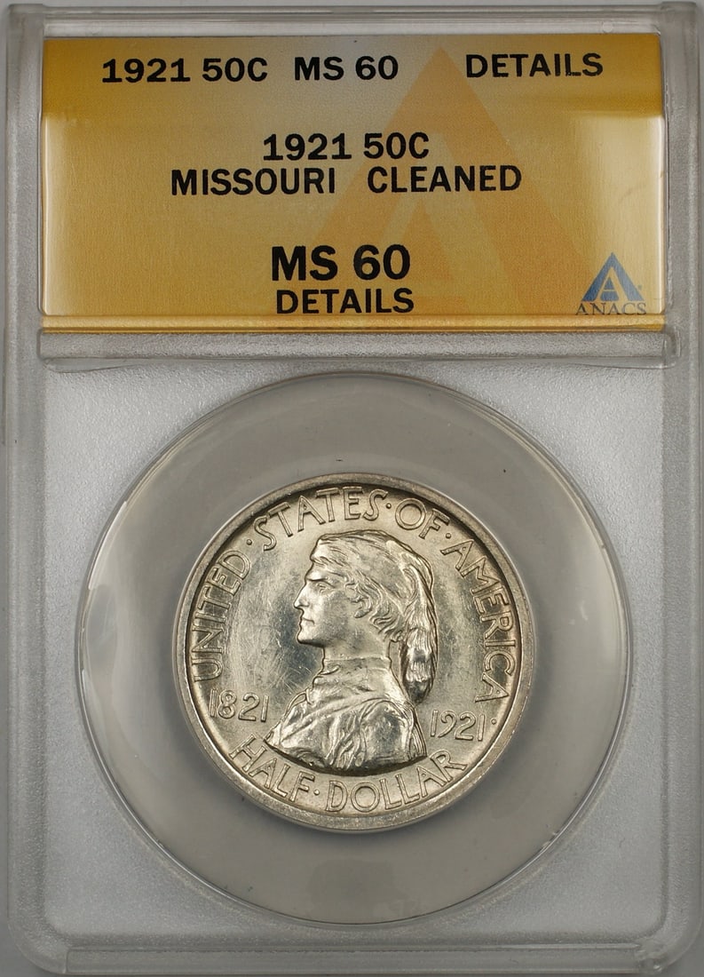 ANACS MS-60 Details 1921 Missouri Commemorative Silver Half Dollar: ANACS MS-60 Details 1921 Missouri Commemorative Silver Half Dollar 1921 Missouri Commemorative Silver Half Dollar certified by ANACS with a grade of MS-60 Details (Cleaned). This uncirculated coin was