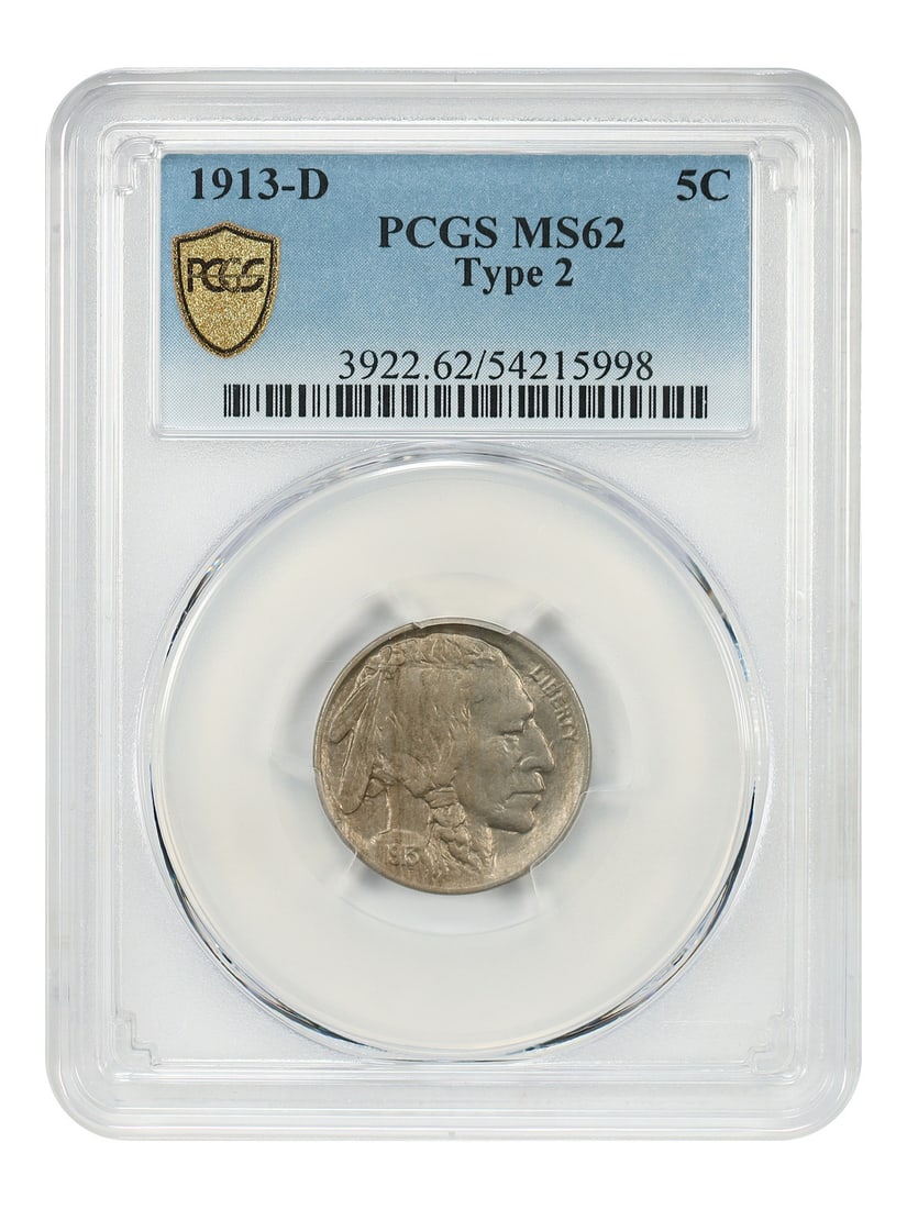 Buffalo Nickel 1913 Denver Mint PCGS MS62 Type 2 Five Cent Coin: Buffalo Nickel 1913 Denver Mint PCGS MS62 Type 2 Five Cent Coin This is a 1913-D Buffalo Nickel graded MS62 by PCGS. The coin is uncirculated and originates from the Denver Mint. It features the Type