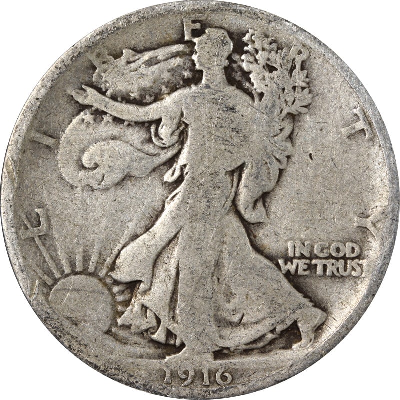 1916-P Walking Liberty Half Dollar Silver Coin: 1916-P Walking Liberty Half Dollar Silver Coin This 1916-P Walking Liberty Half showcases a stunning representation of American coinage. Crafted from silver with a composition fineness of 0.9, this pi