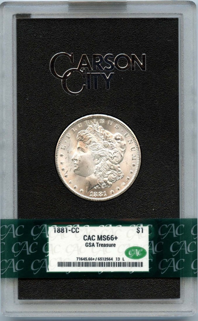 GSA Hoard 1881-CC Morgan Silver Dollar CACG MS66 Plus Certified: GSA Hoard 1881-CC Morgan Silver Dollar CACG MS66 Plus Certified This is an uncirculated 1881-CC Morgan Dollar from the GSA Hoard, certified by CACG with a grade of MS66+. The coin originates from the