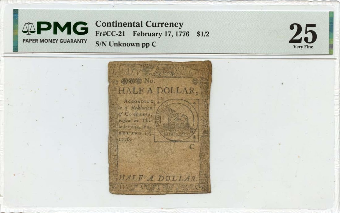February 17 1776 Continental Half Dollar Currency PMG VF25 FR CC-21: February 17 1776 Continental Half Dollar Currency PMG VF25 FR CC-21 This is a 1776 February 17, $1/2 Continental Currency note, certified by PMG with a grade of VF25. The note is circulated and origin