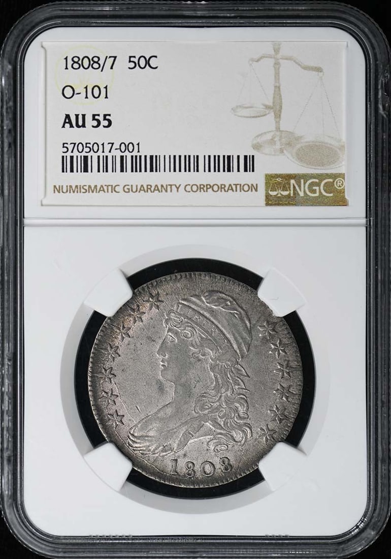NGC AU55 1808 Over 7 Capped Bust Half Dollar Lettered Edge (1 of 4)