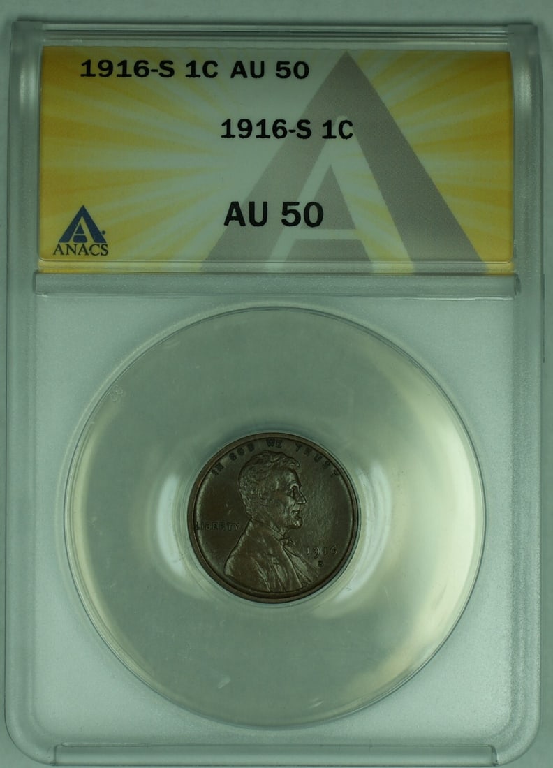 ANACS AU 50 graded 1916-S Lincoln Wheat Small Cent coin (1 of 2)