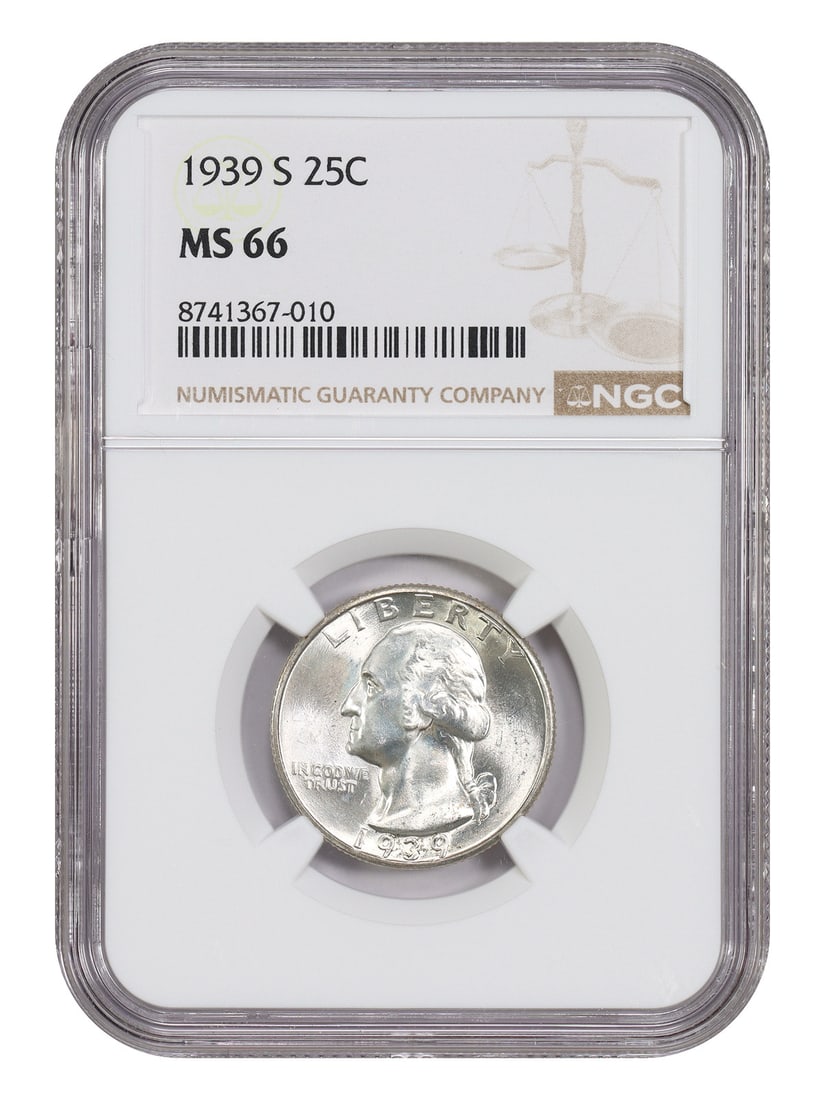 NGC MS66 1939 San Francisco Mint Washington 25 Cent Quarter: NGC MS66 1939 San Francisco Mint Washington 25 Cent Quarter This is a 1939-S Washington Quarter graded MS66 by NGC. The coin is uncirculated and was minted in San Francisco. It belongs to the Washingt