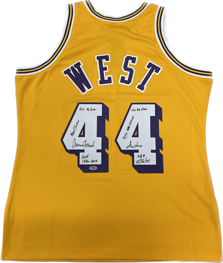 Jerry West Autographed Lakers Jersey PSA/DNA Certified Mitchell & Ness: Jerry West Autographed Lakers Jersey PSA/DNA Certified Mitchell & Ness This is an original Mitchell & Ness jersey autographed by Los Angeles Lakers legend Jerry West. The jersey features his authentic