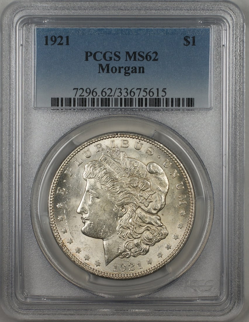 PCGS MS-62 Certified 1921 Morgan Dollar Silver Coin from Philadelphia: PCGS MS-62 Certified 1921 Morgan Dollar Silver Coin from Philadelphia This 1921 Morgan Silver Dollar is certified by PCGS with a grade of MS-62, indicating it is in uncirculated condition. Struck in P