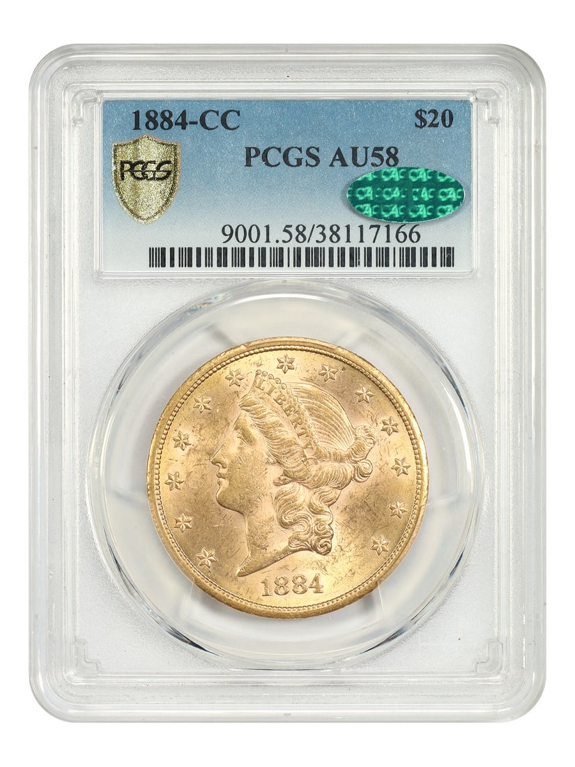 Carson City 1884 $20 Liberty Head Gold Double Eagle PCGS CAC AU58: Carson City 1884 $20 Liberty Head Gold Double Eagle PCGS CAC AU58 This 1884-CC Liberty Head $20 gold coin is a highly sought-after piece from the Carson City Mint, with a limited mintage of just 81,13